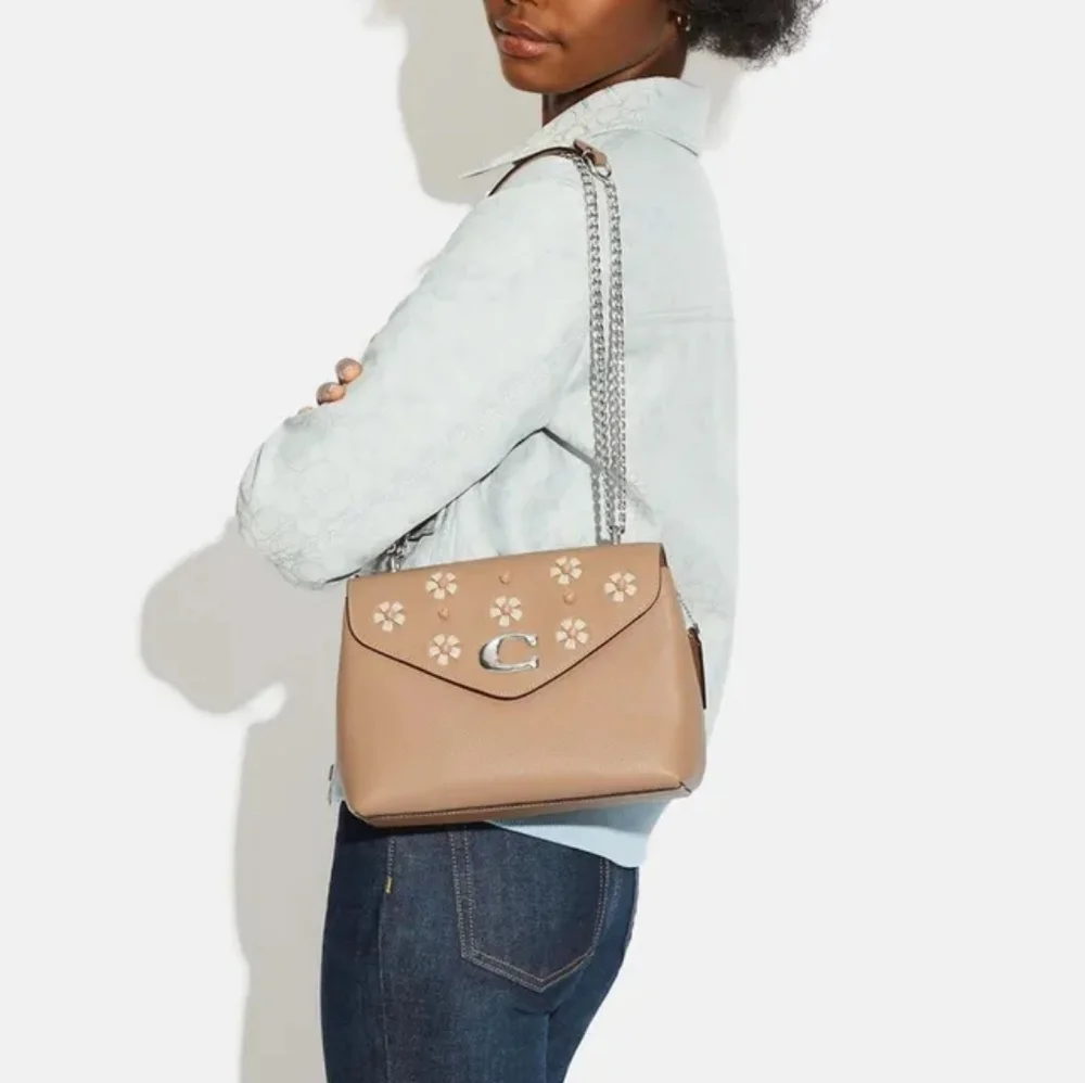 COACH Tammie Shoulder Bag with Floral Whipstitch in Taupe/Silver - Picture 6 of 14